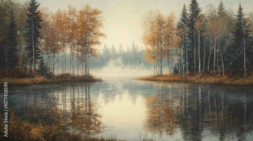 Misty Lake Surrounded by Trees 