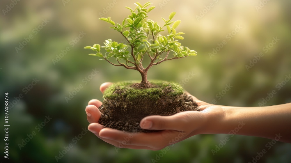 Hands Holding a Small Tree Sapling with a Lush Green Background Hands Holding a Small Tree Sapling with a Lush Green Background