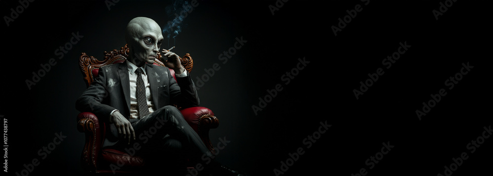 Alien Sitting in a Fancy Chair Smoking a Cigarette, Wearing a Suit and Tie, Dark Room with Intense Intimidating Glare, Martian Life Form Alien Sitting in a Fancy Chair Smoking a Cigarette, Wearing a Suit and Tie, Dark Room with Intense Intimidating Glare, Martian Life Form