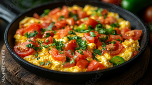 Shakshuka in a skillet with tomatoes and herbs.