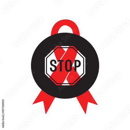 stop sign with Red ribbon for stop HIV aids, 2024 1st december awareness day wold wide 