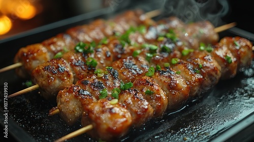 Close up of sizzling grilled meat skewers with green onions on a hot plate, with steam rising from the food.