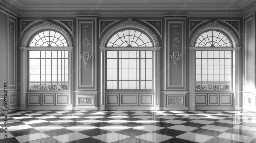Fototapeta premium Empty grand room with arched windows and checkered floor.