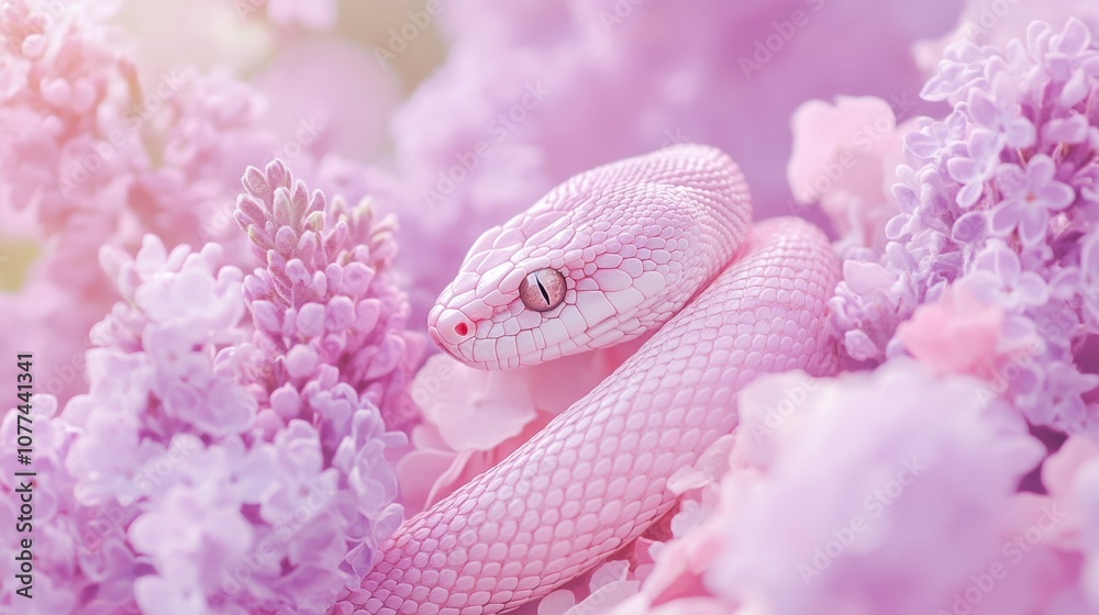 Fototapeta premium Pink snake nestled among delicate lilac blossoms, creating a serene and enchanting scene, AI