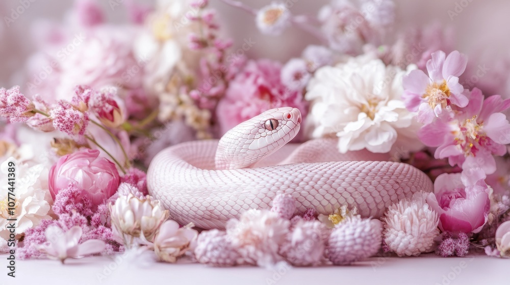 A delicate white snake rests among soft pink and white flowers, creating a serene scene, AI