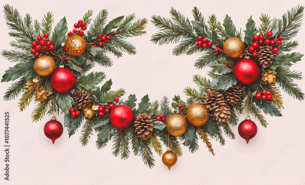 Wreath of red and gold ornaments with pine cones Wreath of red and gold ornaments with pine cones