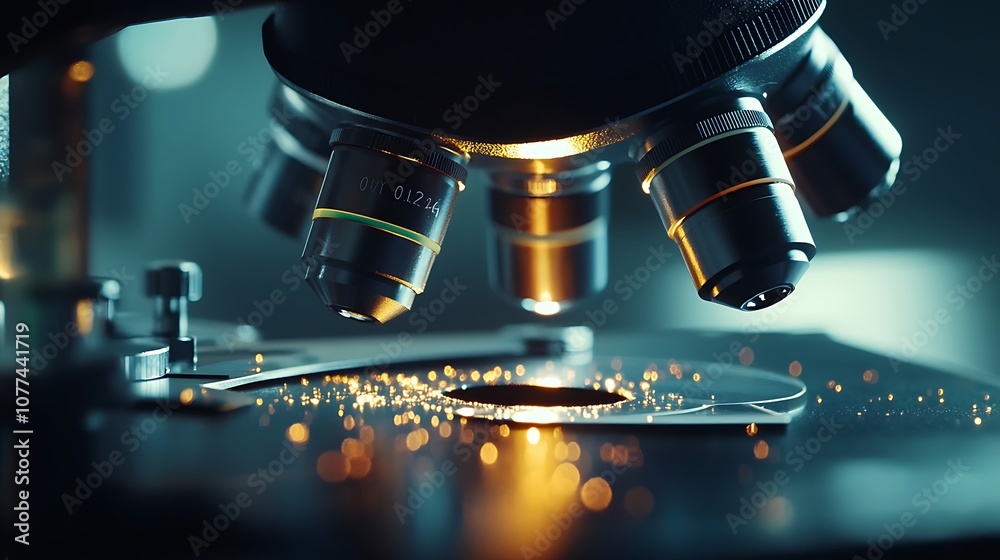 High-tech microscope displaying vibrant, colorful slides in laboratory setting.