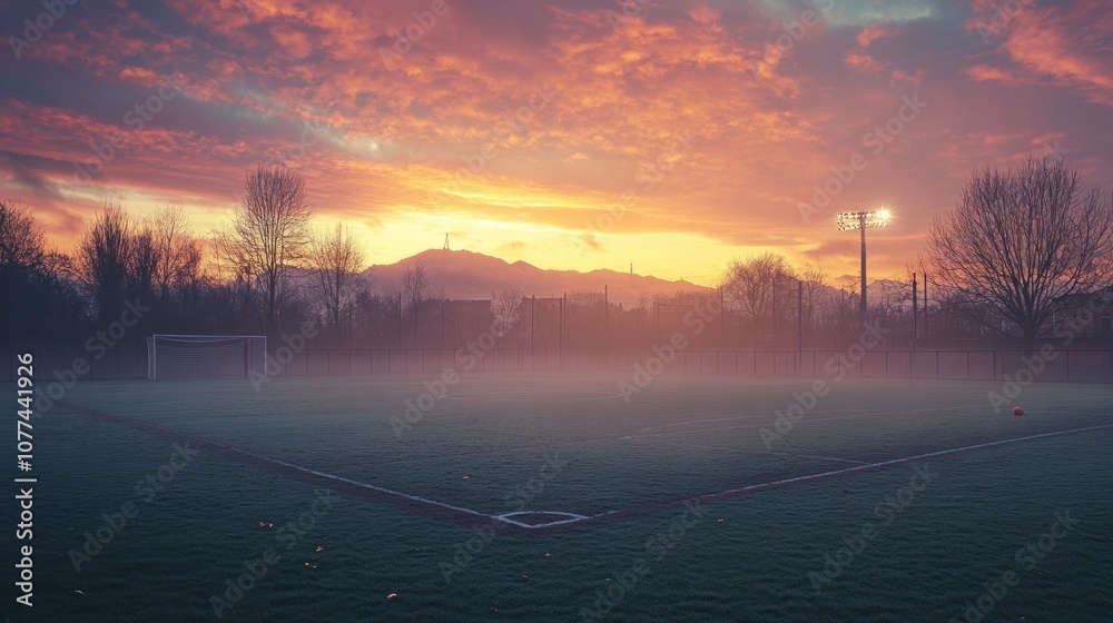 A soccer field with a goal post in the foreground, the field is covered in mist with a beautiful sunrise in the background. A soccer field with a goal post in the foreground, the field is covered in mist with a beautiful sunrise in the background.