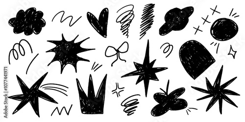 Funky chalk textured doodle shapes and grunge punk collage elements. Vector illustration with abstract geometric primitive figures, charcoal doodles in childlike squiggle style