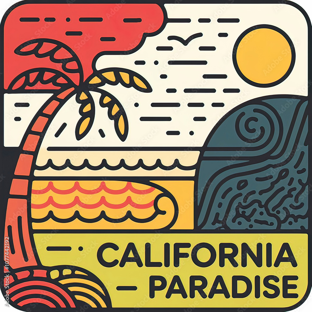 Vector design on white background, bright summer style, CALIFORNIA PARADISE, beach with palm tree, waves, for design creation. Vector design on white background, bright summer style, CALIFORNIA PARADISE, beach with palm tree, waves, for design creation.