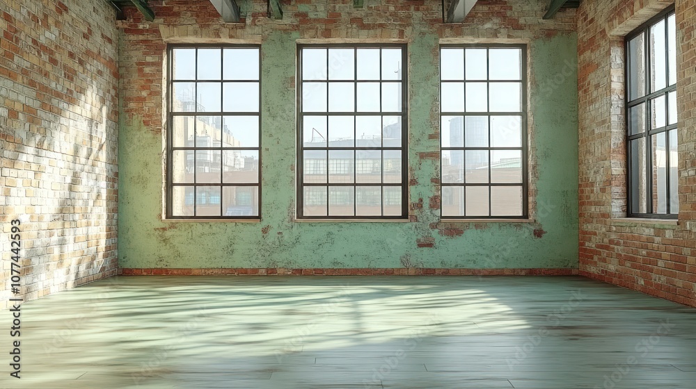 Empty loft room with large windows and brick wall. Empty loft room with large windows and brick wall.
