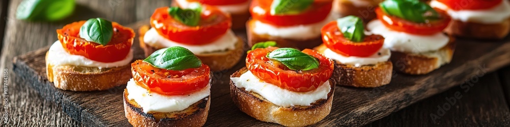 Bruschetta with tomato, cheese, basil on wooden board Bruschetta with tomato, cheese, basil on wooden board