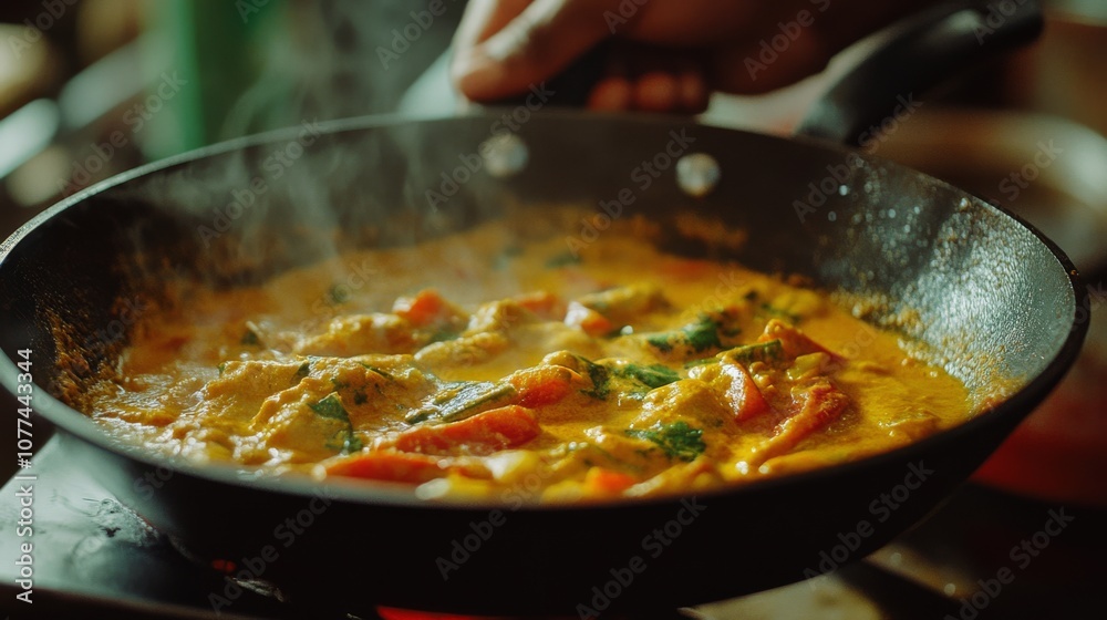 A steaming pan of vibrant, richly spiced curry with fresh vegetables captures the essence of home cooking and aromatic flavors. A steaming pan of vibrant, richly spiced curry with fresh vegetables captures the essence of home cooking and aromatic flavors.
