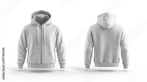 The front and back of a hoodie with a zipper closure isolated on a white background 3D rendered illustration of a blank hooded sweatshirt with a zipper