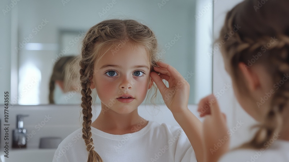 A little girl, framed in a bright mirror, delicately touches her ear, lost in thought, revealing innocence and the quiet beauty of self-observation. A little girl, framed in a bright mirror, delicately touches her ear, lost in thought, revealing innocence and the quiet beauty of self-observation.
