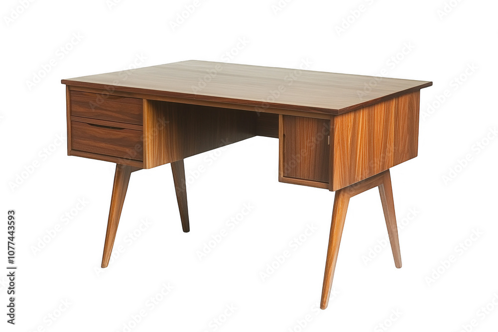 Elegant Mid-Century Modern Wood Desk with Drawers and Tapered Legs