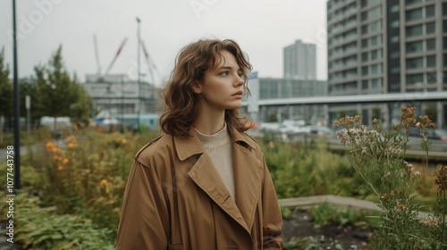 A young woman stands in an urban garden wearing a brown coat, surrounded by modern architecture and greenery on a cloudy day.