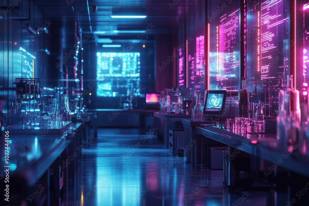 Fototapeta premium A futuristic laboratory with glowing screens displaying data and lab equipment on the tables.