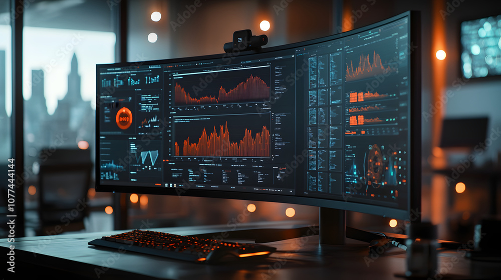 A firewall interface on a computer screen with graphs and indicators monitoring network security in real-time. A firewall interface on a computer screen with graphs and indicators monitoring network security in real-time.