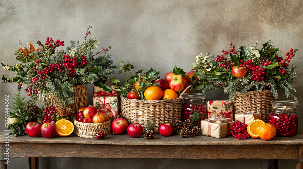 Christmas Still Life with Red Berries Apples Oranges and Wrapped Gifts Christmas Still Life with Red Berries Apples Oranges and Wrapped Gifts