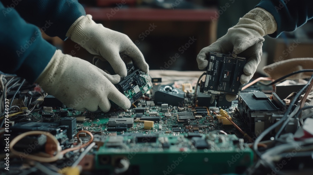 Two gloved hands delicately work on a complex circuit board, showcasing the precision and skill of modern technology repair.