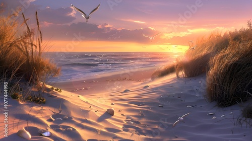 Sunset Over Coastal Sand Dunes with Seagulls and Grasses, Soft Golden Light Creating Peaceful Atmosphere on Serene Beach, Shells and Waves Reflecting Warm Colors