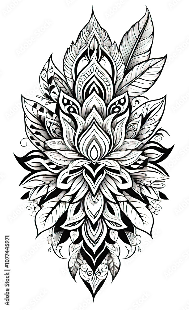 Fototapeta premium vector illustration, coloring, collage with graceful patterns and ornaments, vegetation and flowers, Arabic style, tattoo, tattoo template