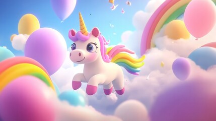 Wandcirkels Eenhoorn running rainbow unicorn in sky world with pastel colors'  © Werckmeister