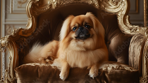 A fluffy Pekingese dog sitting proudly on a velvet cushion in a luxurious room with elegant decor.