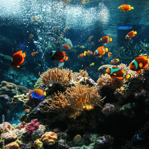 Wallpaper Mural A vibrant coral reef teeming with life, featuring a school of clownfish swimming amongst colorful anemones. Torontodigital.ca