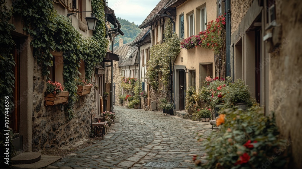 Cobblestone Street in a European Village with Stone Buildings and Lush Greenery Cobblestone Street in a European Village with Stone Buildings and Lush Greenery