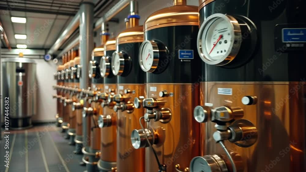 A series of copper and stainless steel pressure vessels stand in a well-maintained industrial facility, illuminated by overhead lights, emphasizing their polished surfaces and intricate gauges