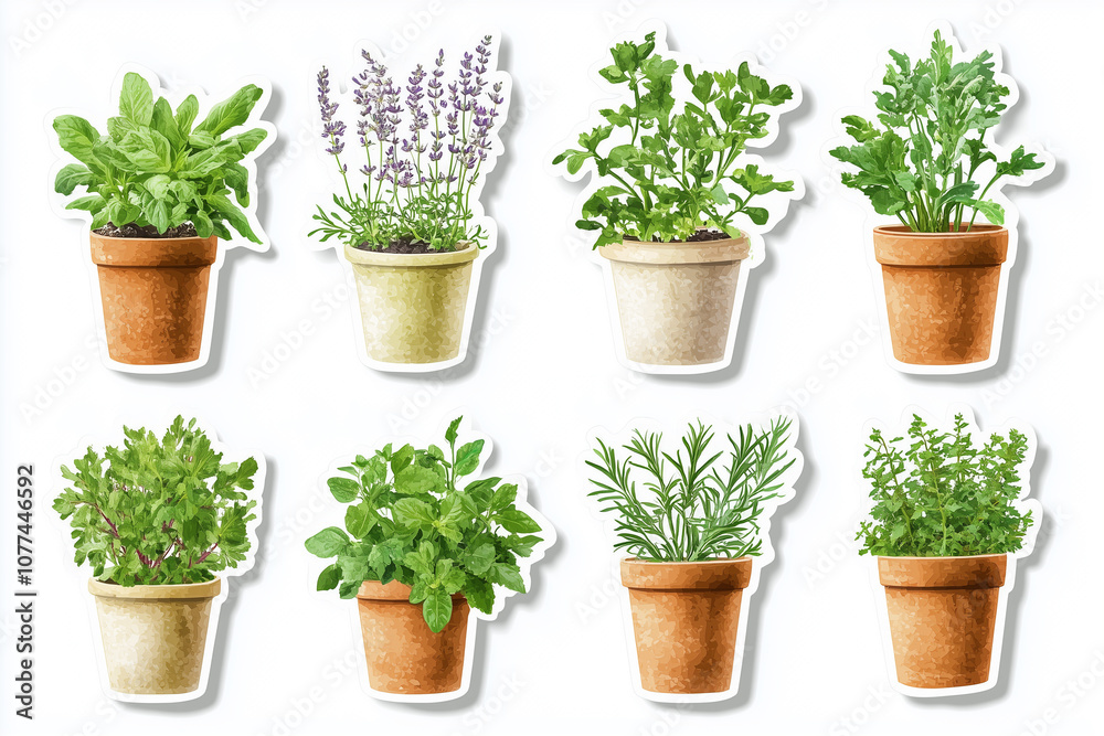 Stickers collage with different herbs growing in clay pots isolated on white Stickers collage with different herbs growing in clay pots isolated on white
