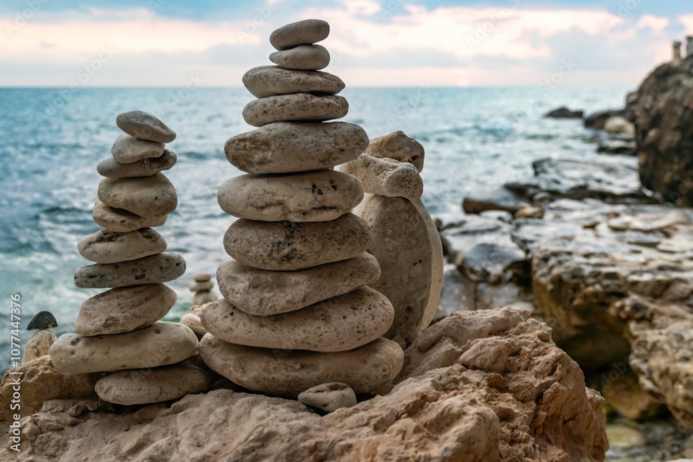 Stone Cairns Beach Ocean Coastal Stone cairns balanced on a rocky outcrop overlooking a blue ocean with a cloudy sky. Stone Cairns Beach Ocean Coastal Stone cairns balanced on a rocky outcrop overlooking a blue ocean with a cloudy sky.