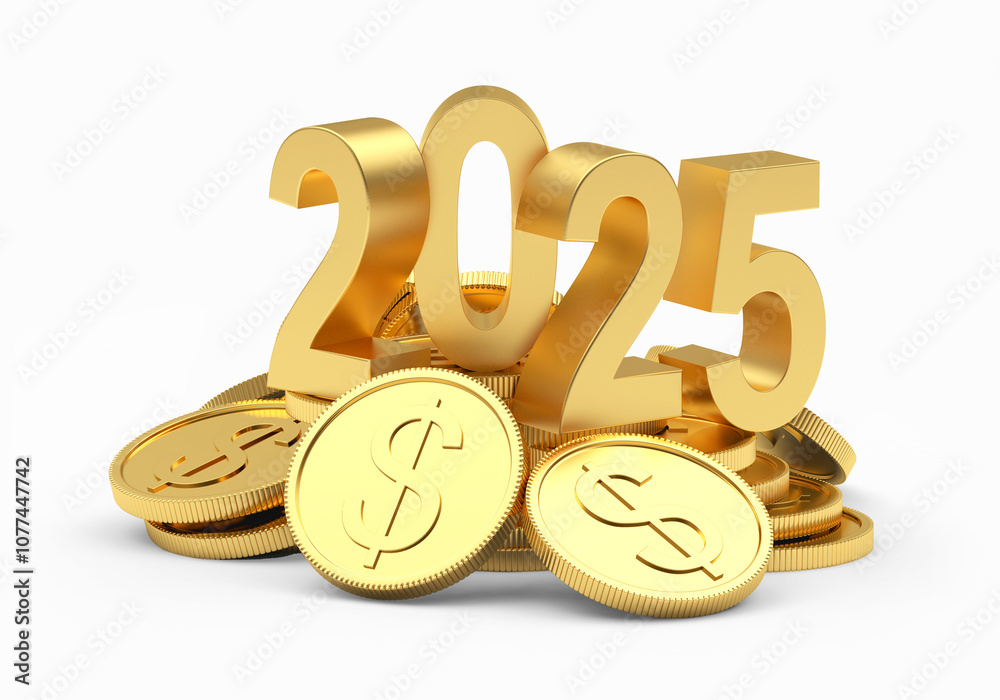 Φωτογραφία 3D illustration of the number 2025 on a pile of dollar coins.
