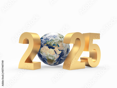 Fototapeta Naklejka Na Ścianę i Meble -  3D illustration of the number 2025 with the planet Earth. Elements of this image courtesy of NASA. 