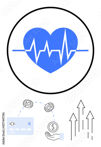 Blue heart with heartbeat line, cashless payment via card, coins, hand holding money, upward arrows. Ideal for finance, investment, banking health savings economic growth fintech. Line metaphor