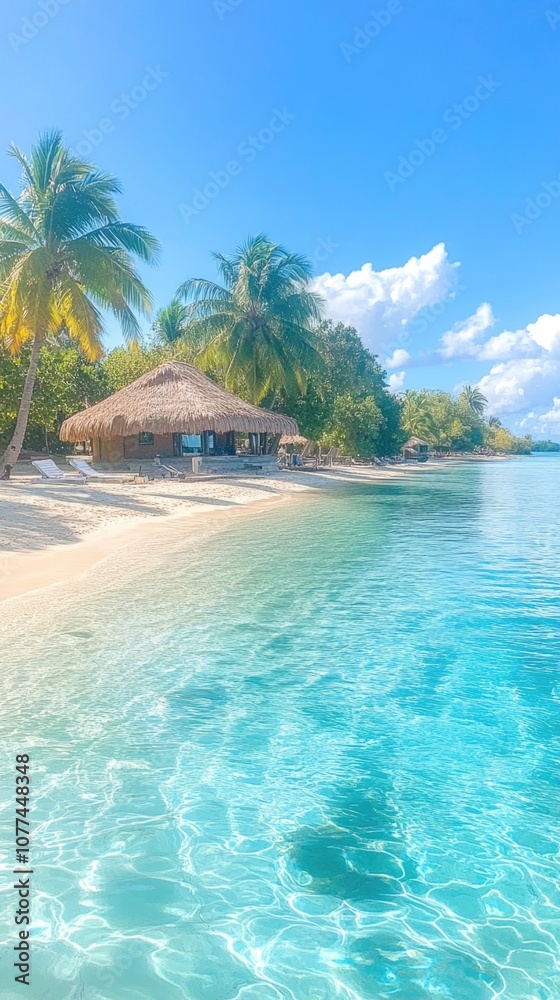 Naklejka premium Tropical paradise getaway: serene beachfront with azure waters and palm trees