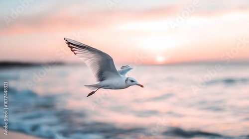 A seagull gracefully soars over the ocean at sunset, with soft pastel hues painting the sky and sea, evoking freedom.