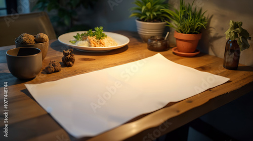 Dining Elegance: A Rustic Wooden Table with a White Paper Placemat Highlighting Natural Beauty and Warmth