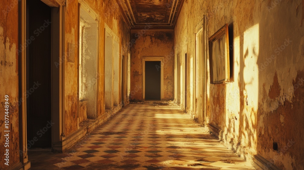 Sunlight streams through a neglected corridor, casting shadows and highlighting the weathered walls of its ancient architecture.