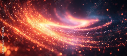 Abstract background with glowing particles, swirling in a circular motion with red, orange, and blue colors.