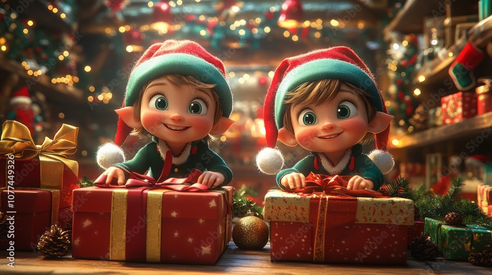 Detailed view of elves wrapping presents with colorful paper and ribbons, smiling as they work, holiday decor around, shelves stacked with gifts ready for Christmas Eve
