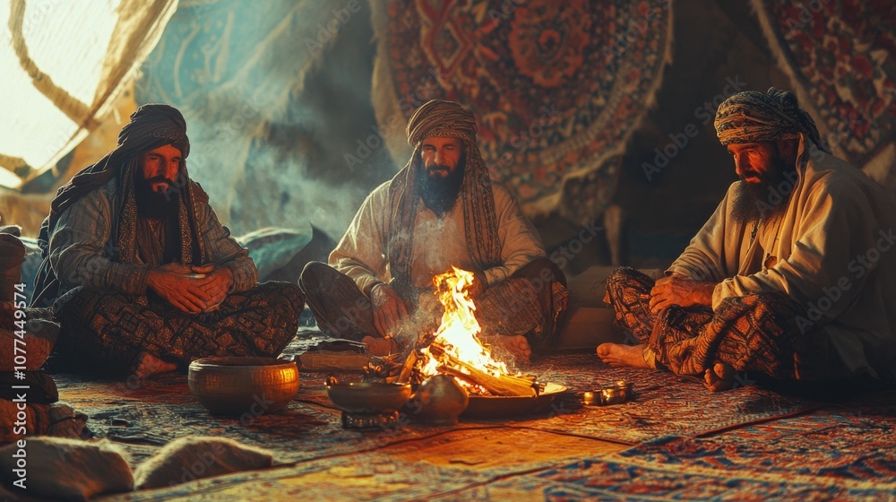 A group of men in traditional attire share stories around a warm campfire, reflecting culture and camaraderie. A group of men in traditional attire share stories around a warm campfire, reflecting culture and camaraderie.