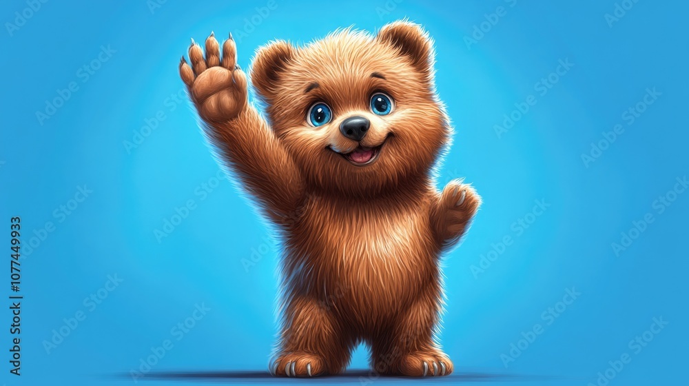 Fototapeta premium Cute finnish bear waving with flag on blue background for national celebration