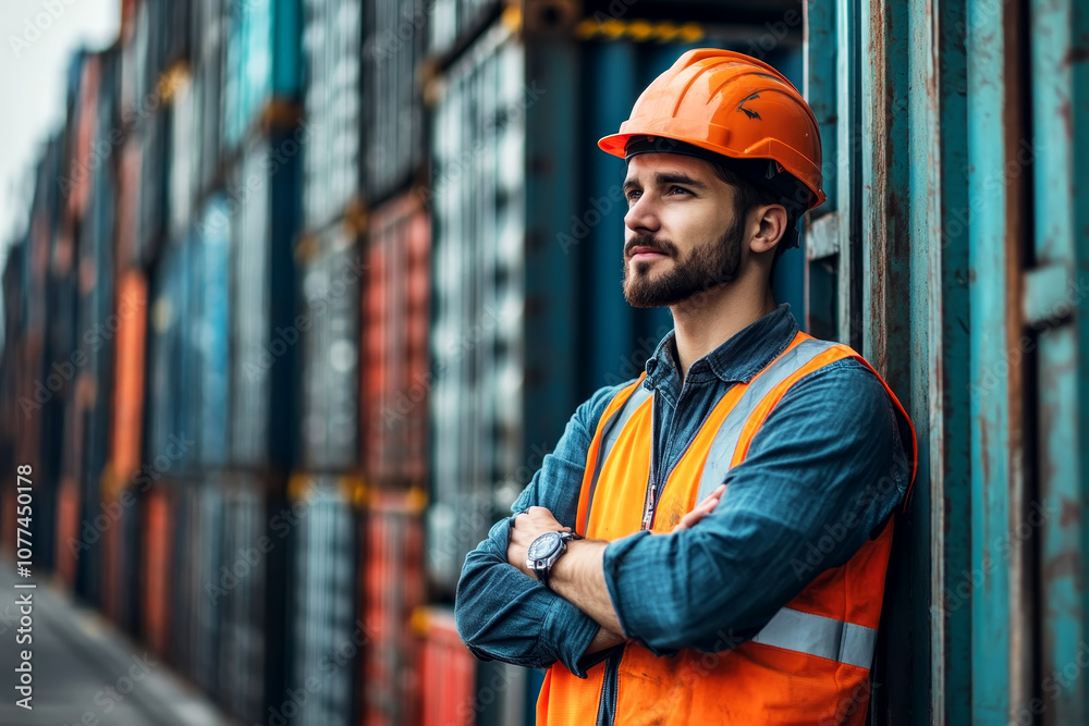 Portrait of Confident Dock Worker Wearing Hard Hat and Safety Gear Portrait of Confident Dock Worker Wearing Hard Hat and Safety Gear
