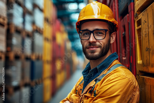 Portrait of Confident Dock Worker Wearing Hard Hat and Safety Gear