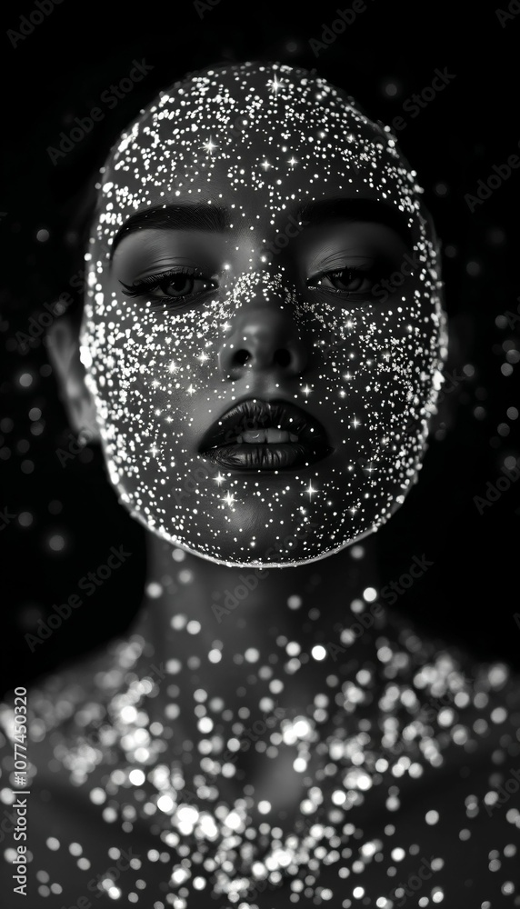 Ethereal Portrait with Sparkling Glitter Effect in Black and White Generative AI Ethereal Portrait with Sparkling Glitter Effect in Black and White Generative AI