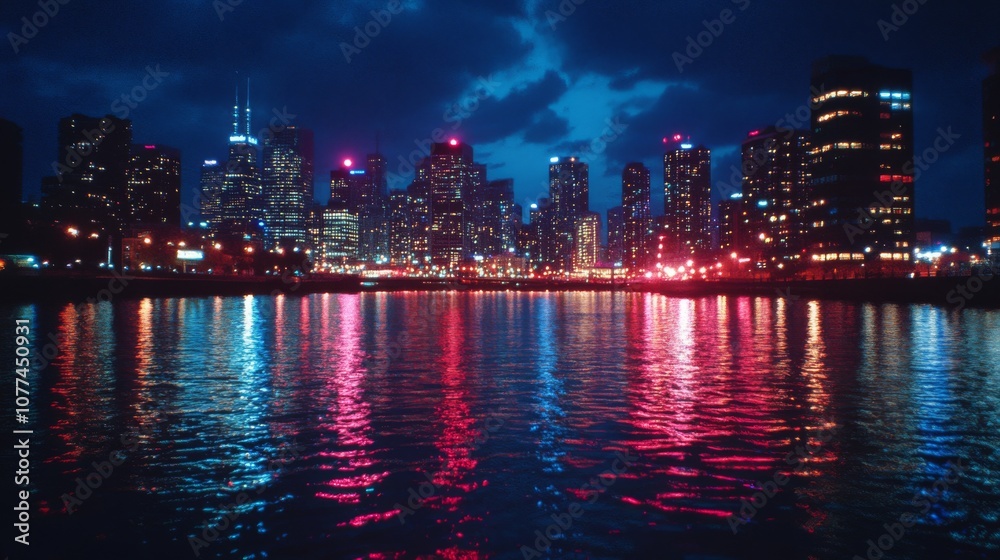 Fototapeta premium A vibrant city skyline at night, reflected in calm waters, paints a symphony of lights and colors, evoking urban wonder and nightlife energy.