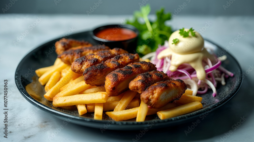 An Elegant Presentation of Kapsalon on a Black Marble Plate with a Charming Light Blue Background and Delicious Accompaniments An Elegant Presentation of Kapsalon on a Black Marble Plate with a Charming Light Blue Background and Delicious Accompaniments